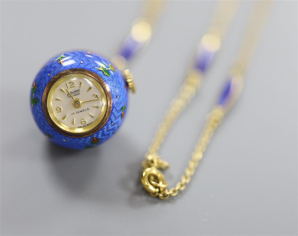 A Swiss blue enamelled and yellow metal globular fob watch on a gilt metal and enamelled chain, chain 84cm.